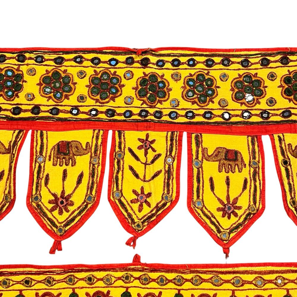 Vintage Rajasthani Elephant Embroidered Mirror Tile Door Hangings Window Valance - Picture 3 of 8